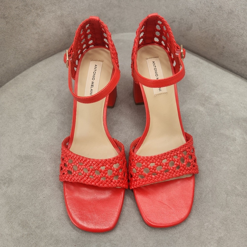 Antonio Melani Heeled Sandals 10 Scarlet Red Woven Leather Gretel Boho New $140